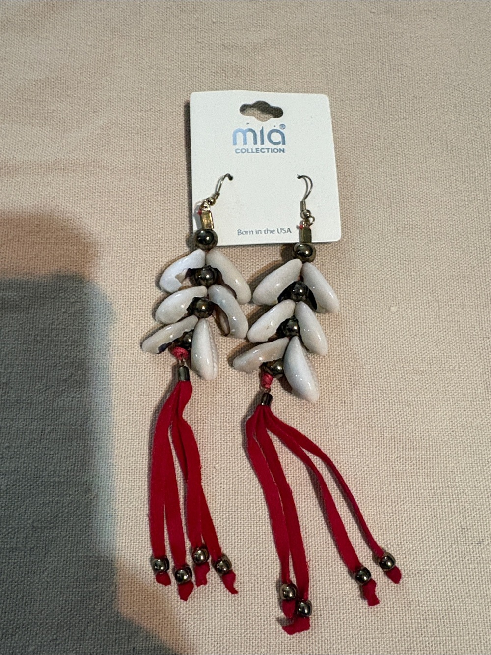 MIA White Bead Drop Earrings with Red Tassels